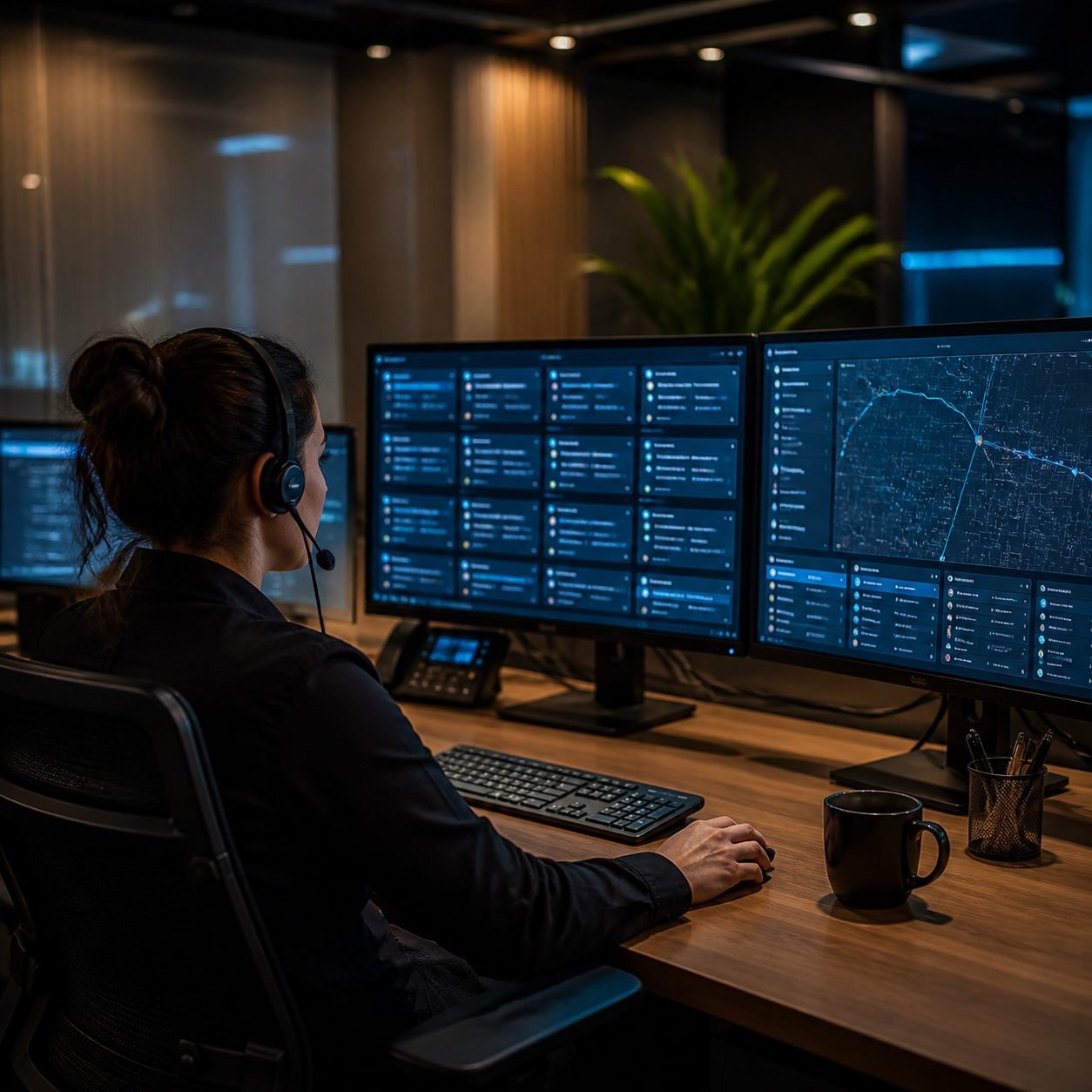 A dispatcher monitoring live rides and driver locations on multiple screens